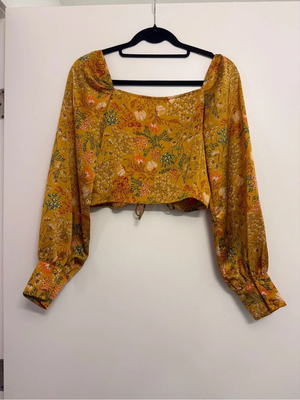 Forever 21 Mustard Floral Tie-Front Cropped Peasant Top
